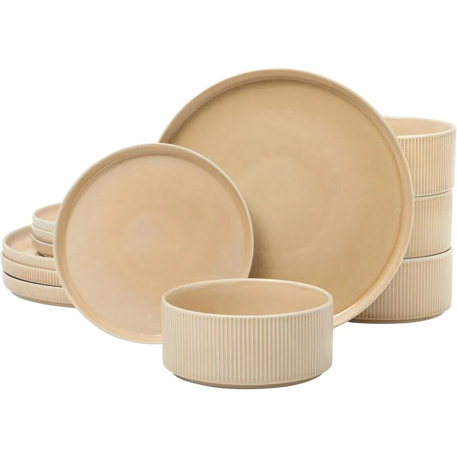 

Modern 12Piece Stoneware Reactive Glaze Dinnerware Set with Embossed Design for 4 People Includes Plates and Bowls in Terracott