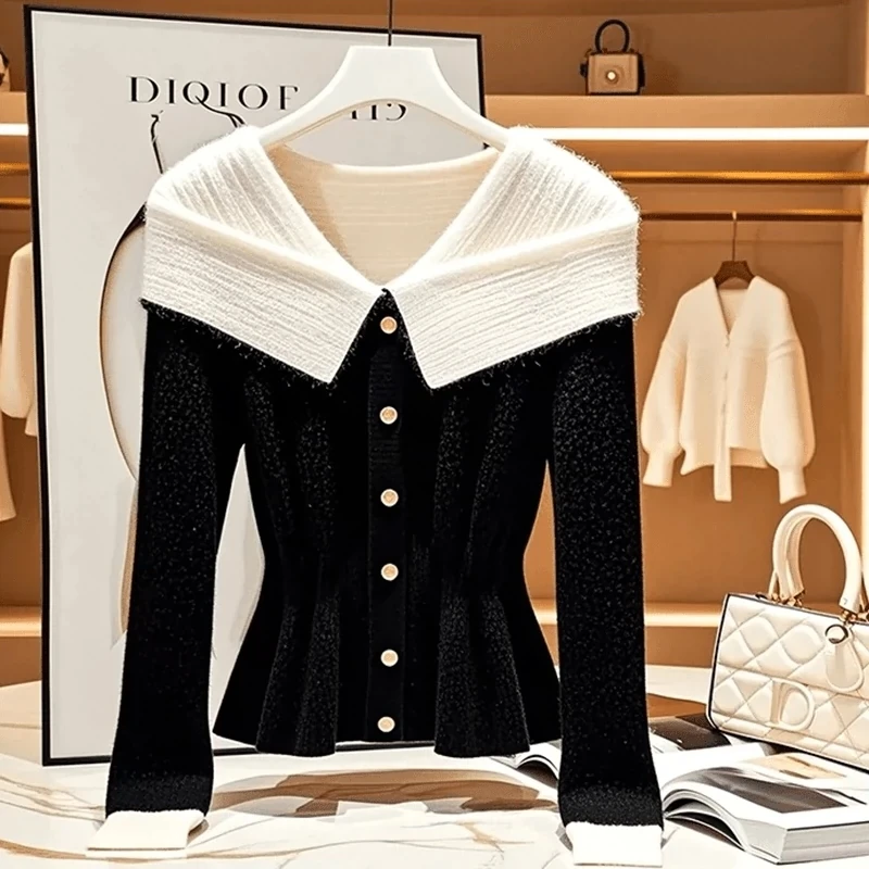 Schwarz-weißer Strickpullover für Damen, 2025, Herbst, neuer Langarm-Top-Pullover, Damen-Design, lockerer Pullover mit V-Ausschnitt, Y2K