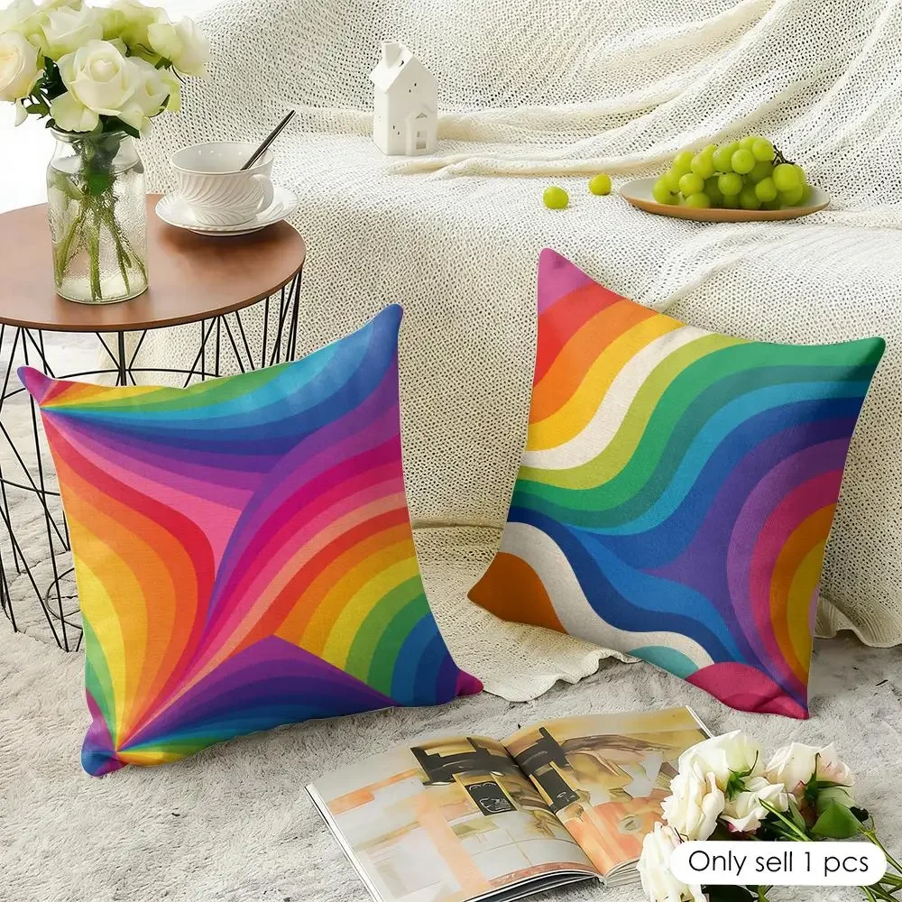 Abstract Colorful Bright Rainbow Cushion Cover Natural Linen Fabric Double-Sided Printing Breathable Perfect For Home Decor
