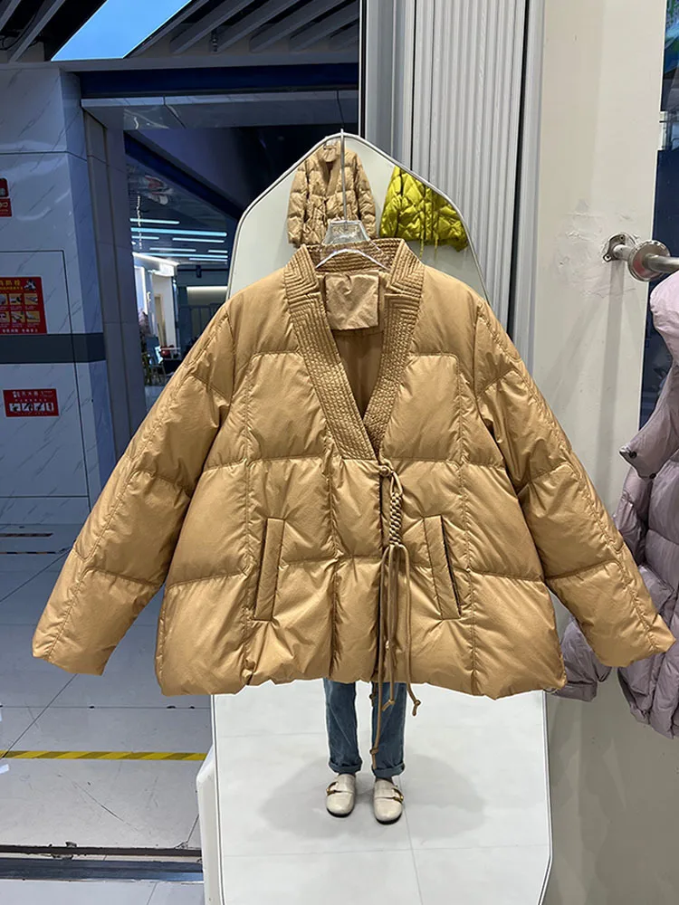 2023 Winter Thick White Duck Down Jacket Parkas Women Short Knitted V Neck Puffer Coat Female Casual Loose Warm Outwear