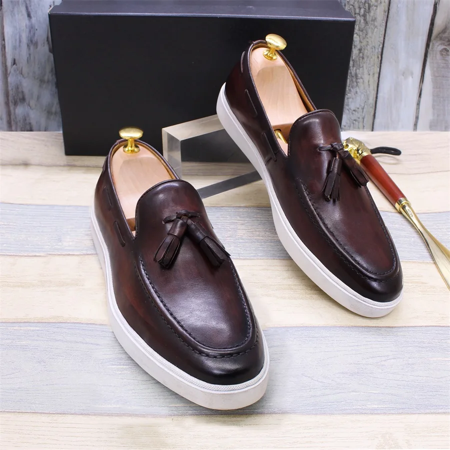 Men\'s Premium Leather Shoes Casual Shoes Tassel Handmade Leather Shoes Fashionable Comfort Flat Shoes Men\'s Dating Party Shoes