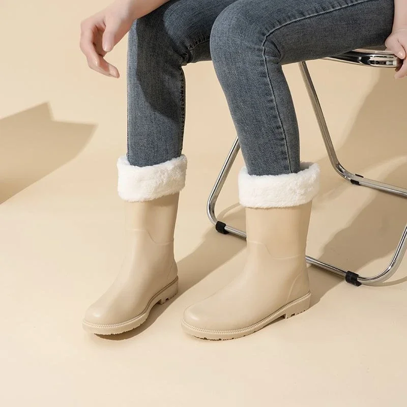 Korean Style Mid Calf Rain Boots Women Fashion Waterproof Non Slip Rubber Water Shoes Kitchen Work