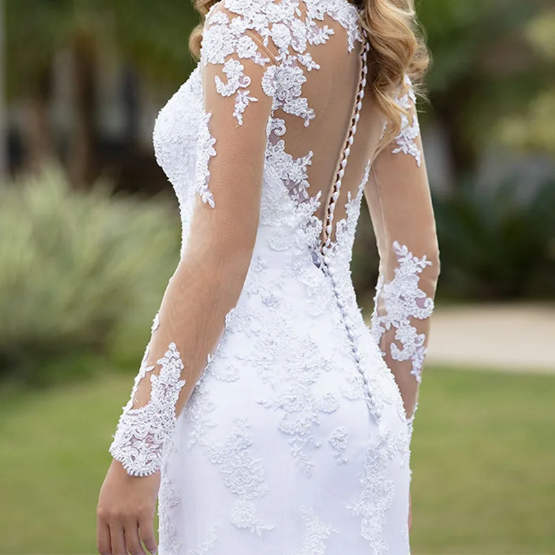 Trouwjurk met lange mouwen Fishtail rok Slim Fit Sexy Kant Backless Bruiloft Banket Engagement Banketjurk Aangepast