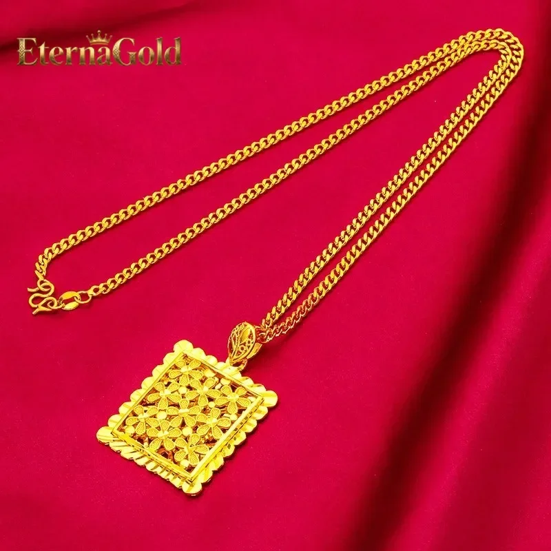 EternaGold Flower Square Pendant for Women, 24K Gold, AU999 | Matte gold peony square with enamel, classic Chinese charm for che