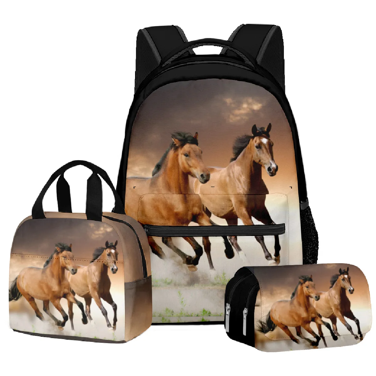 Classic Popular Funny Grassland horse 3D Print 3pcs/Set School Bags Laptop Daypack Backpack portable Lunch bag Pencil Case