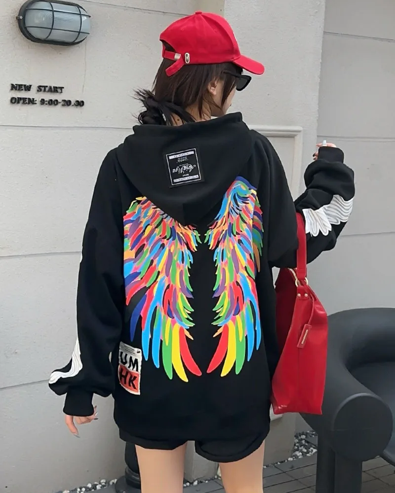 Graffiti Wing Oversized Pocket Hooded Sweatshirt Women Y2k Tops Clothes Casual Trend Loose Pullover Top Bust 132cm 2024 Autumn