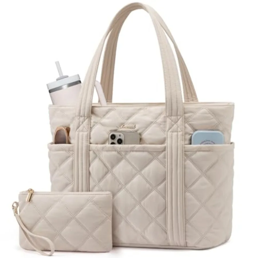 

LOVEVOOK Puffer Tote Bag for Women, Puffy Work Handbag with Cup Holder, Travel Carry On Bag with Zipper for Teacher Nurse Gym