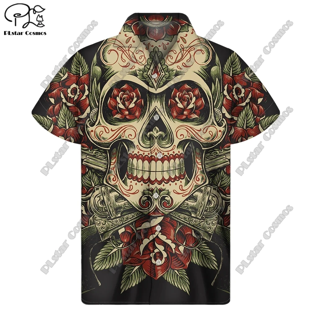 PLstar Cosmos impressão 3D 2023 camisa dos homens de verão novo camisa de manga curta horror caveira rua solta 5XL camisa de design série 5