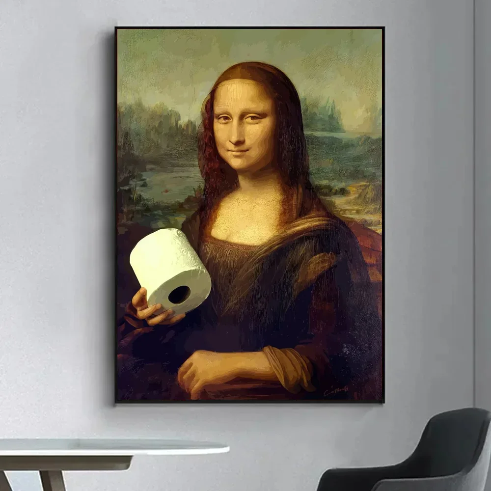 1pc zabawna toaleta Mona Lisa nosząca perły dziewczyna z rolką papierowy plakat samoprzylepna sztuka wodoodporna naklejka papierowa dekoracje ścienne — zdjęcie 7