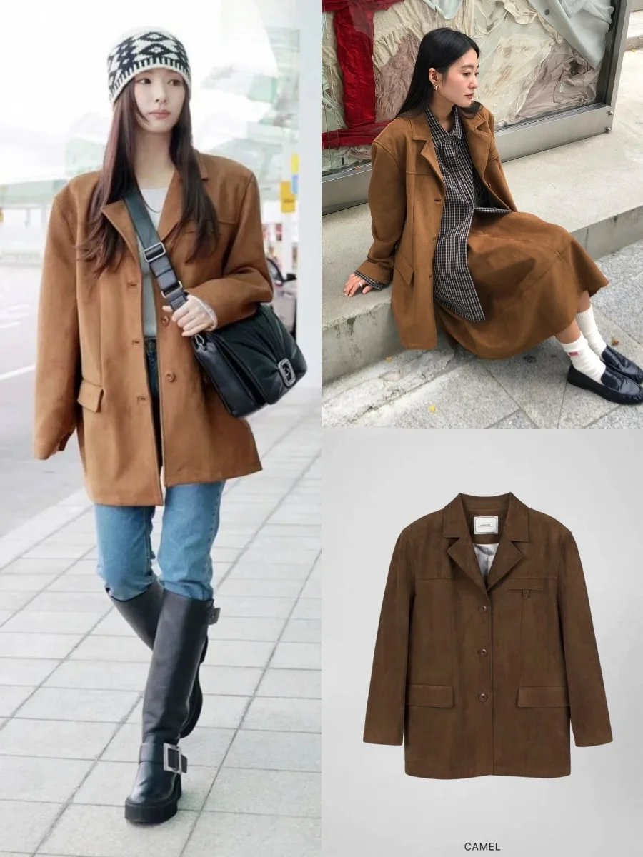 

Overdueflair, осень-зима, новая юбка Sle ort, замшевый костюм-джакет, верхняя одежда, длинная застежка на одной пуговице, однотонный женский...