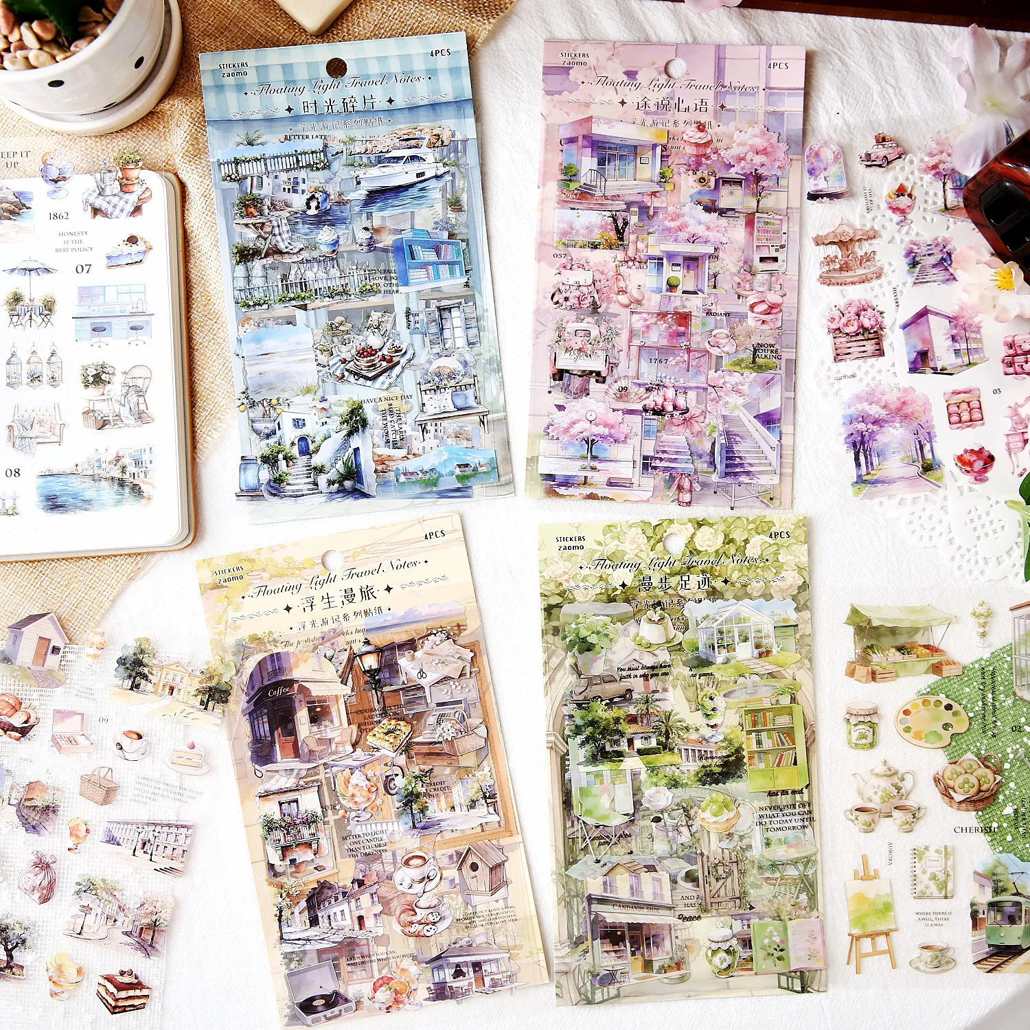 JCAC 4pcs/bag PET Stickers, Floating Light Travelogue Series, Premium Aesthetic Journal DIY Scrapbooking Supplies