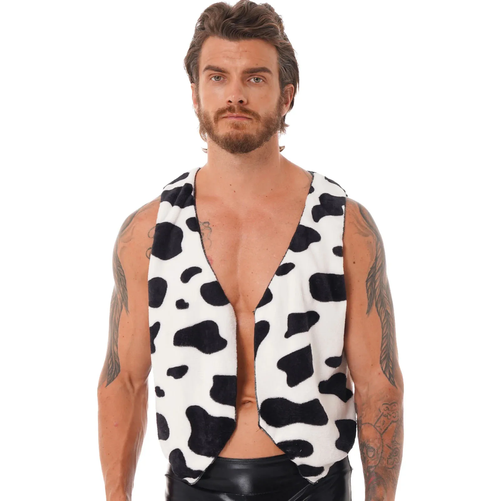 Men Cow Print Vest Top Flannel Sleeeless Open Front Coat Jacket Cowboy Cardigan for Halloween Festival Rave Party Fancy Dress Up