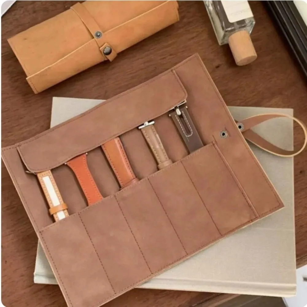 PU Watch Band Roll Organizer Waterproof Dustproof Watch Strap Storage Bag Snap-On 5 Slots Watch Storage Bag Travel Case
