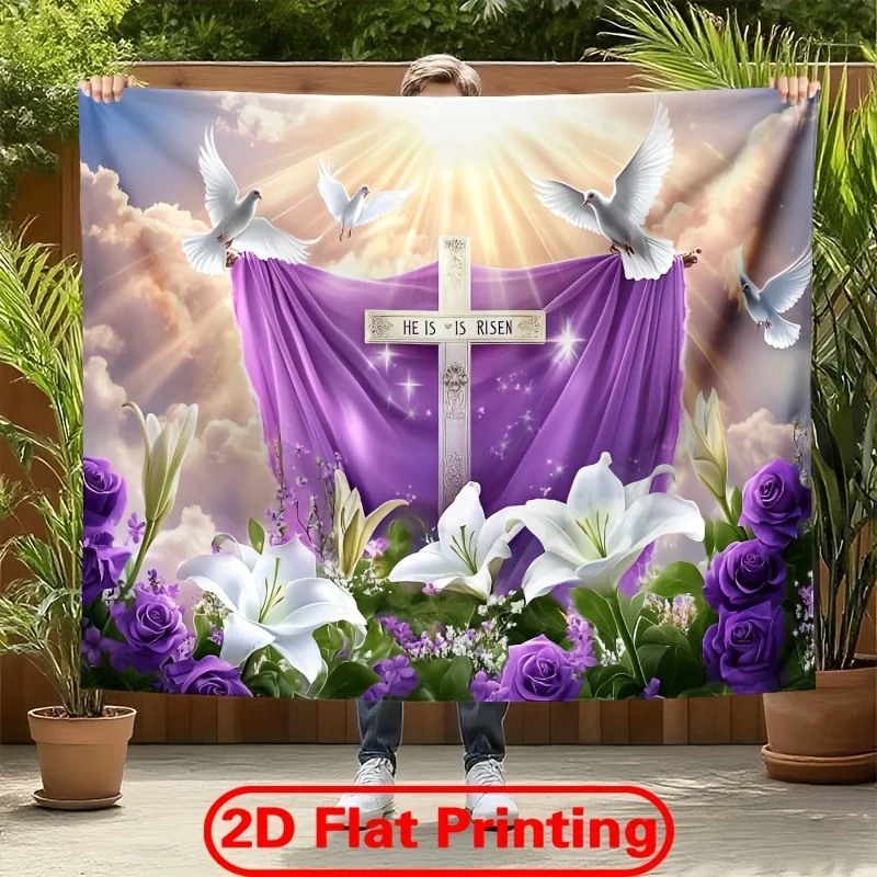 VIKAMA Oster-Kreuz-Wandteppich mit „Er ist auferstanden“-Design, Banner, perfekt für Kirchenveranstaltungen, Wanddekoration und Fotohintergründe