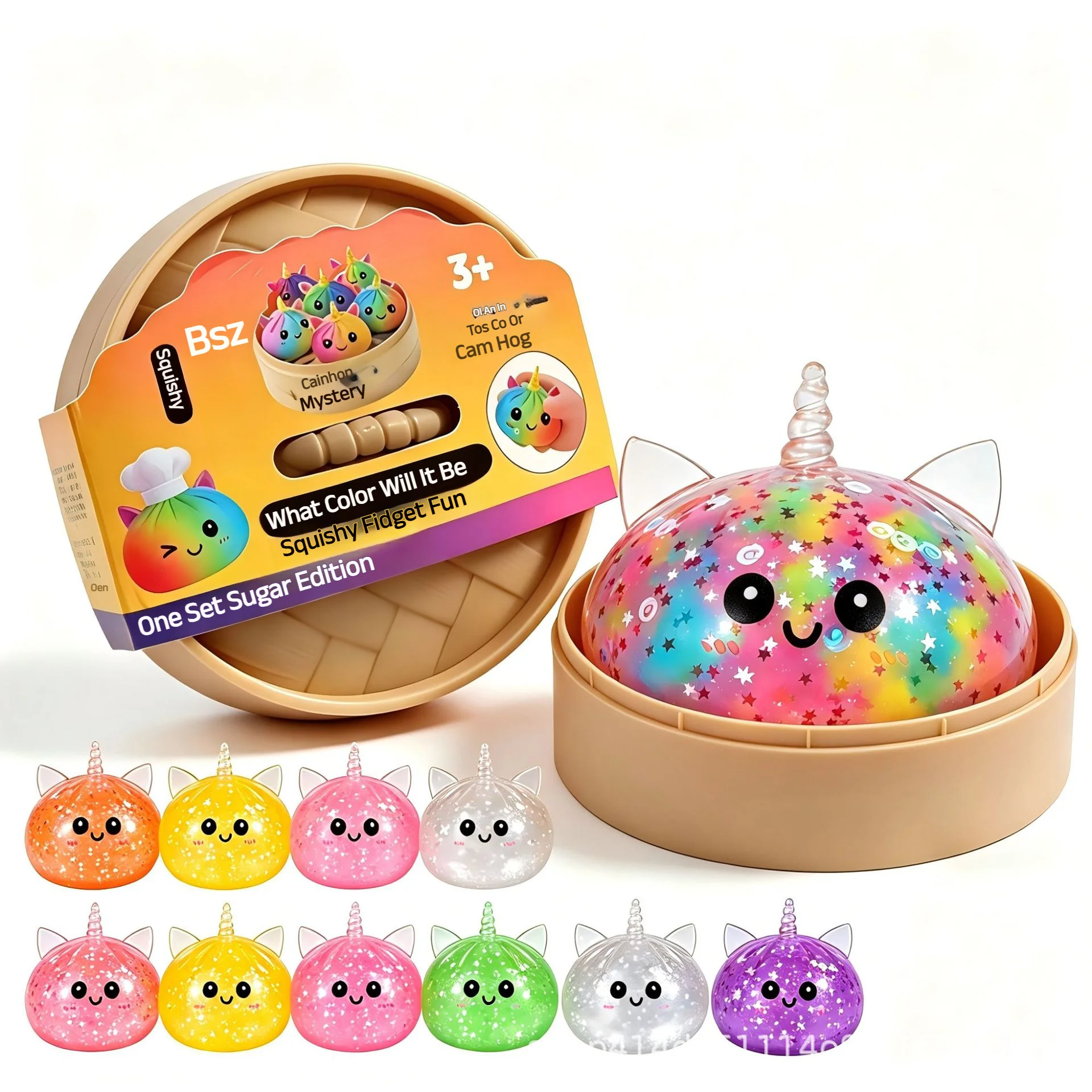 8.5cmSimulation Unicorn Dumpling Squishy Toy with Steamer Box Transparent Glitter Squeeze Fidget Ball Stress Relief Toy for Gift