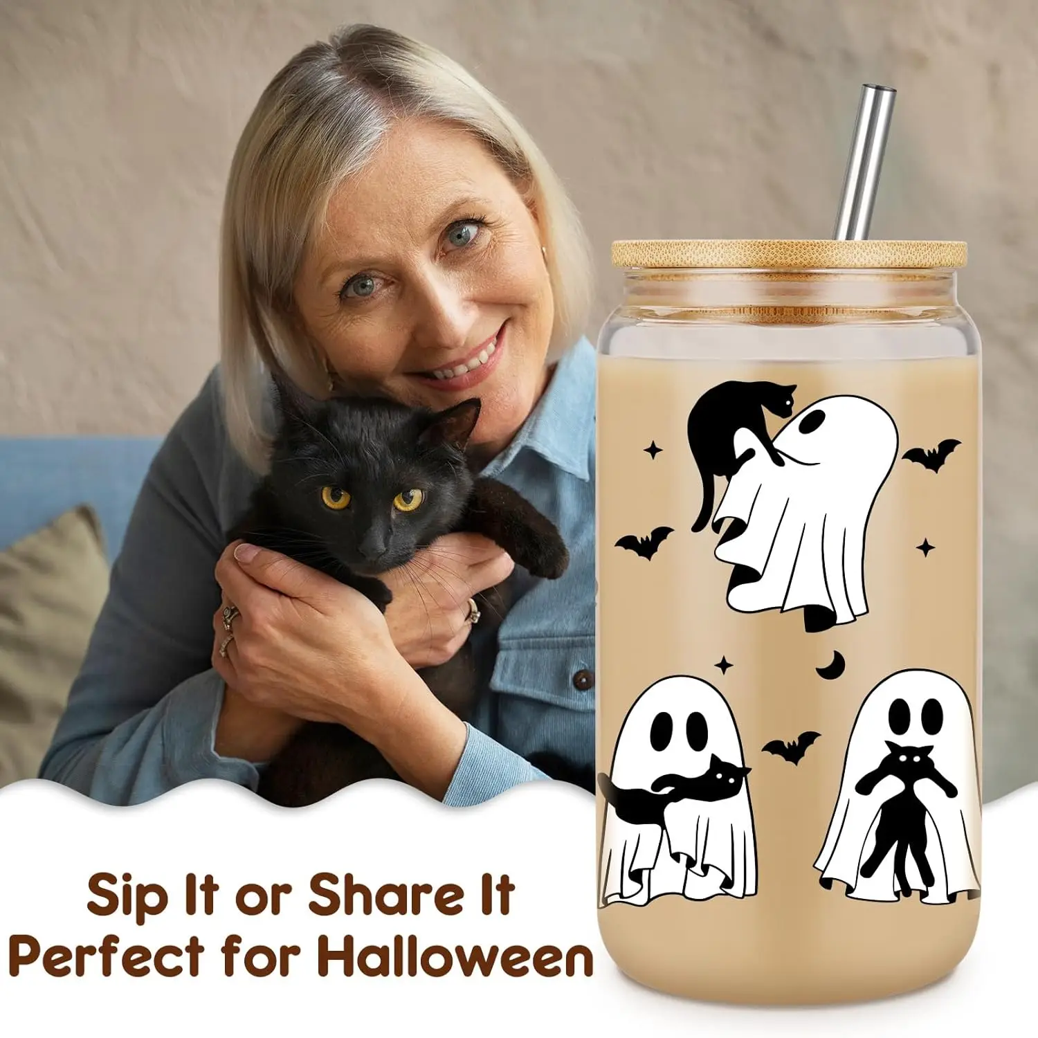 كوب قهوة مثلج على شكل قطة سوداء للهالوين، كوب زجاجي مخيف سعة 16 أونصة مع غطاء من القش، حشو سلة بو، عيد ميلاد قوطي لطيف أسود