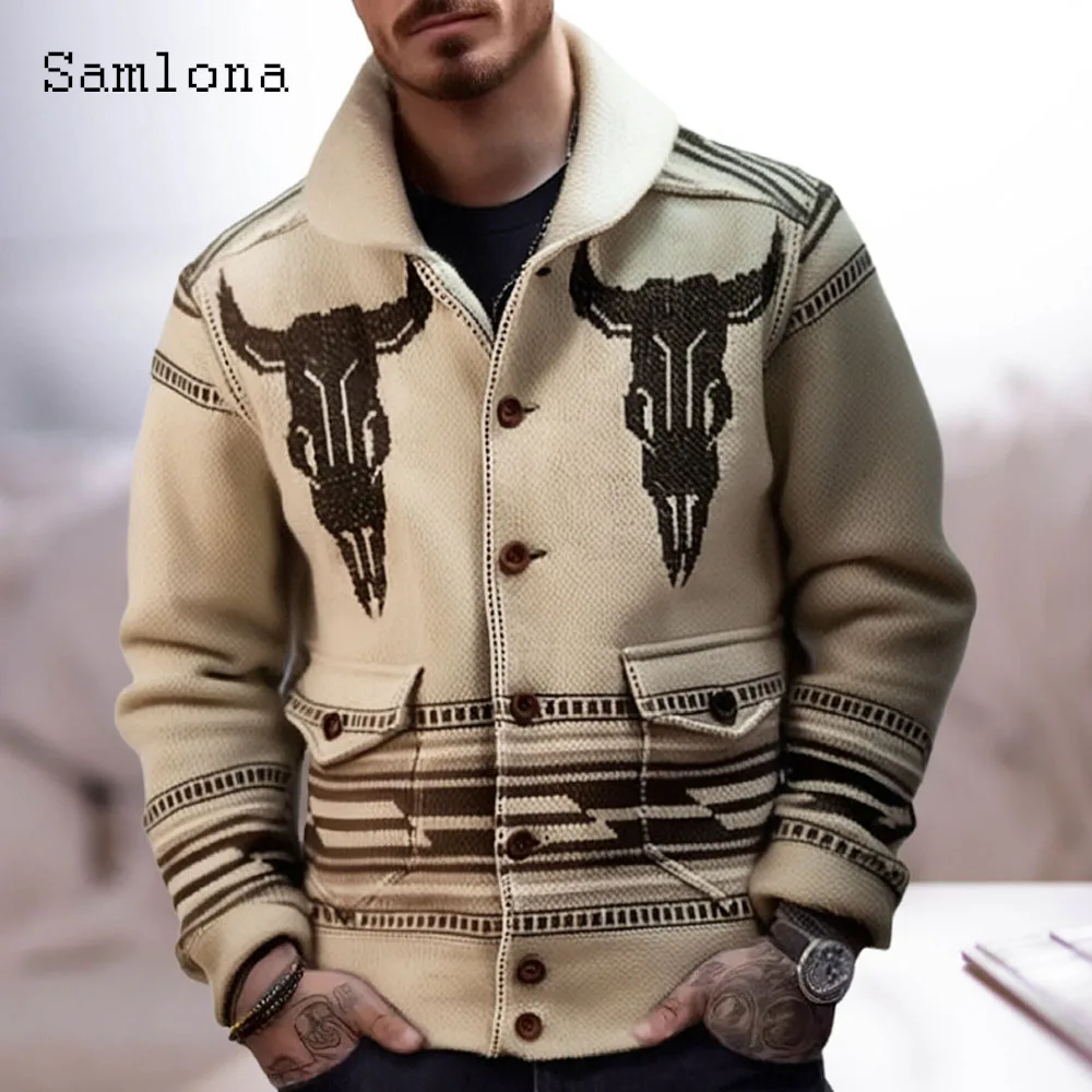 Plus Size Mens Vintage Knitted Sweaters Winter Warm Coats Men's Cardigans 2024 Western Style Fashion 3D Print Sweater Outerwear