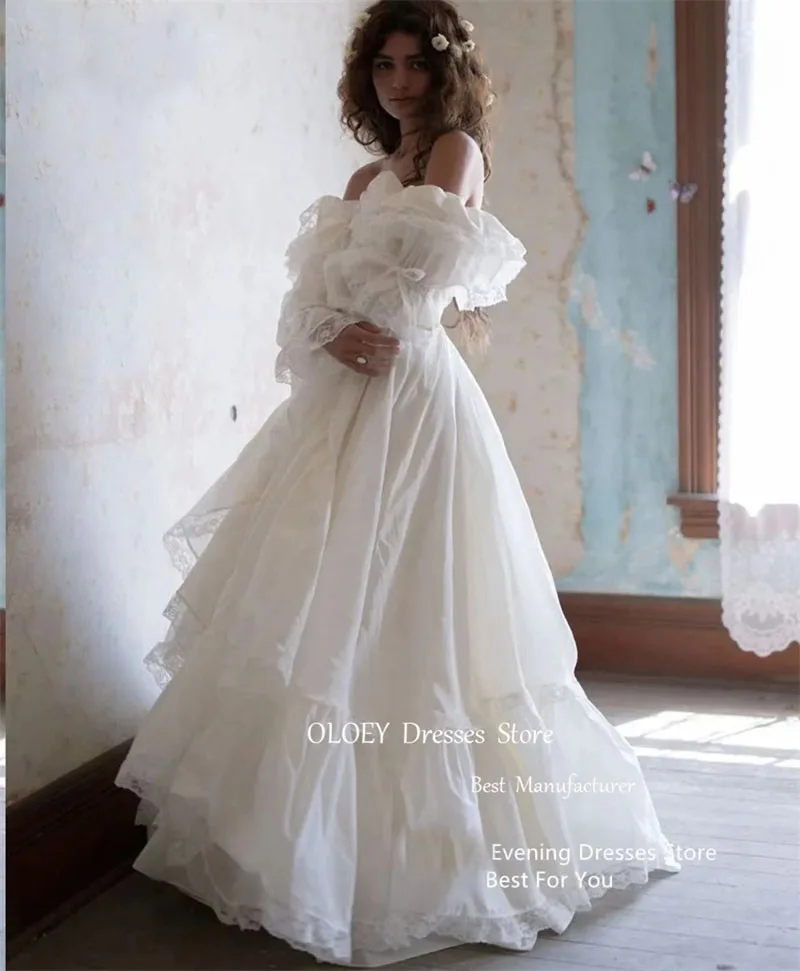 OLOEY Ivory Princess Evening Dresses Long Sleeves Wedding Gowns Floor Length Birthday Dress Formal Party Gowns Vestidos