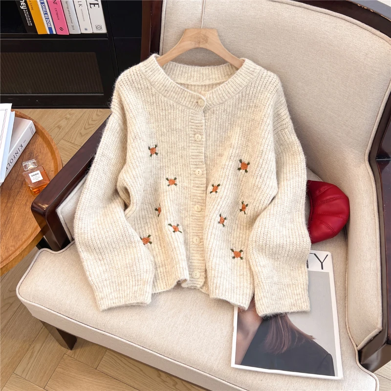 Bomon Korean lazy autumn and winter new Y2K American retro 2000's sweater women loose crew neck long sleeve color knit cardigan