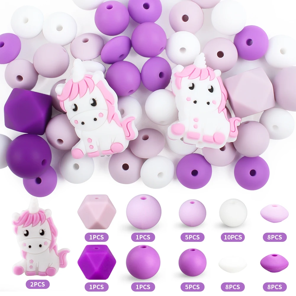 50Pcs/Set Baby Silicone Beads Unicorn Round Beads Sets Teething Teether BPA Free DIY Necklace Pacifier Clips Set Accessories