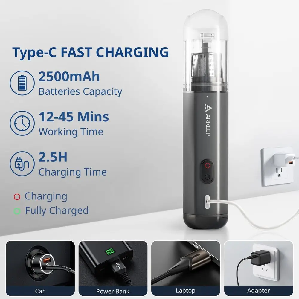 Aspirapolvere portatile senza fili 15KPa con filtro HEPA, 2 modalità, ricarica di tipo C, leggero per casa, auto, ufficio (grigio scuro)