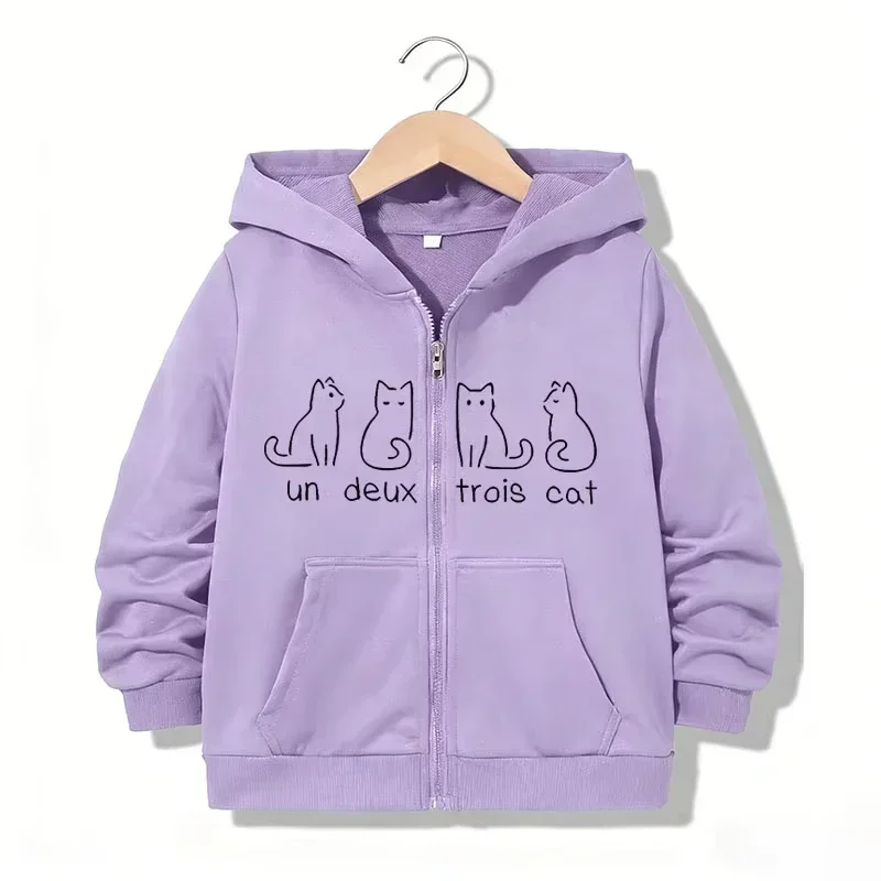 Kids Fashion Minimal Line Cat French Slogan Chest Print Zip Up Hooded Jacket Long Sleeve Loose Purple Daily Outerwear