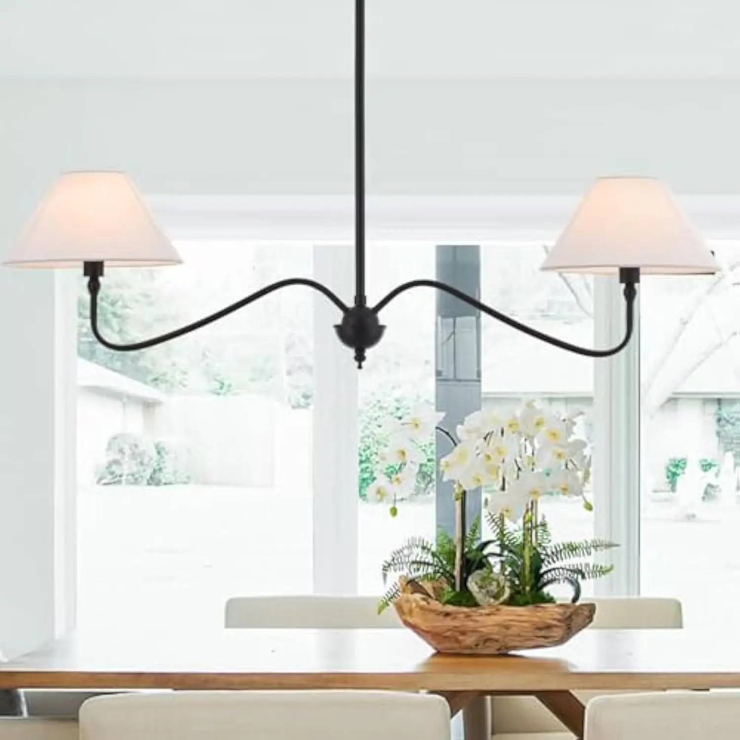 

Modern Linear Chandelier for Kitchen Island, 2-Light Linear Light Fixture with Off-White Fabric Shade, Rustic Pendant Light for