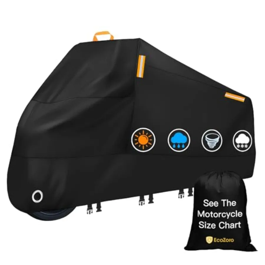 

300D Heavy Duty Motorcycle Cover for All Season Outdoor Use - Waterproof Lock-Holes Night Reflective Safety Features Includes S