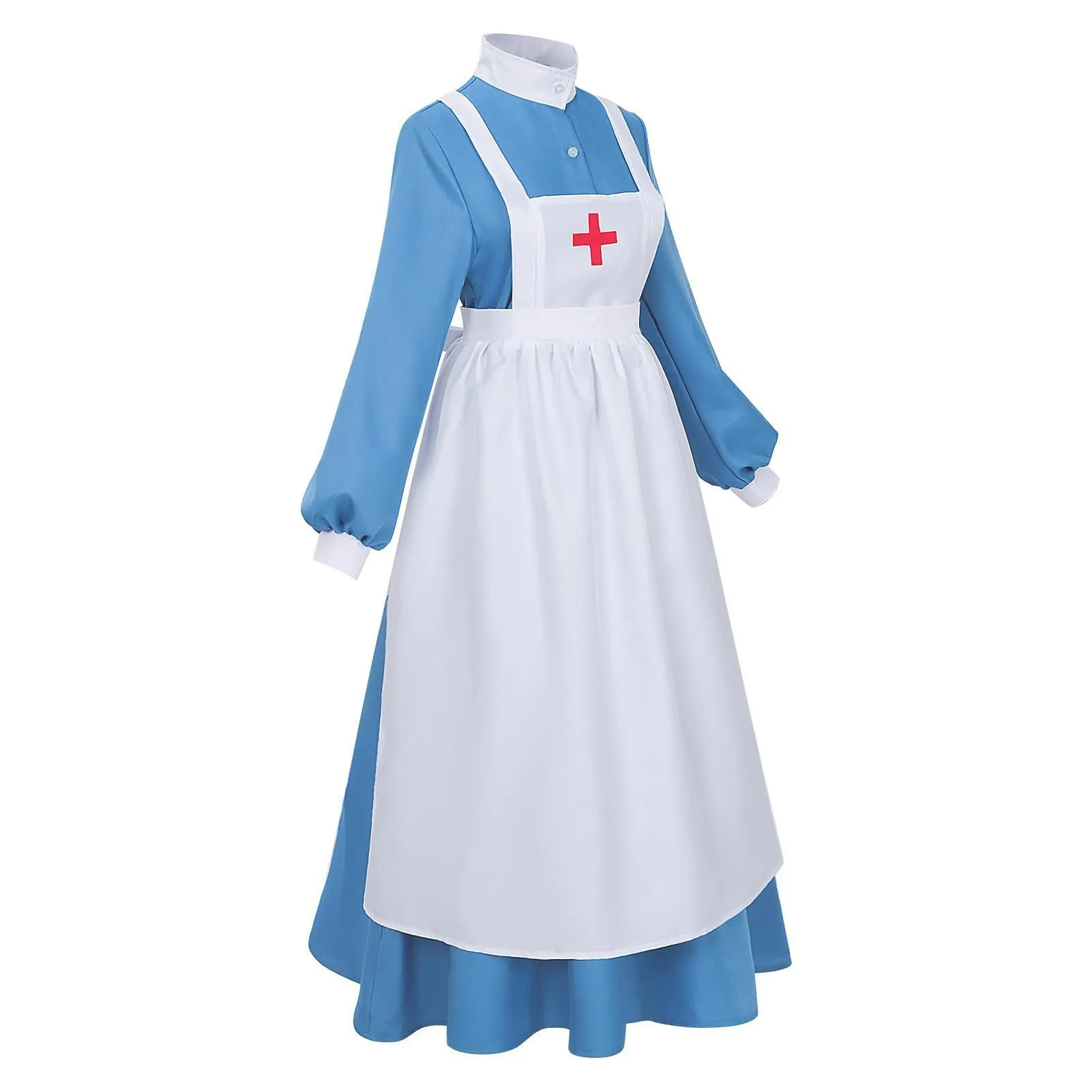 Damen Krankenschwester Nonne Kostüm mit Puffärmeln und weißer Schürze, Gothic Halloween Horror Party Cosplay Event Kirchen-Thema Outfit – Detail 4
