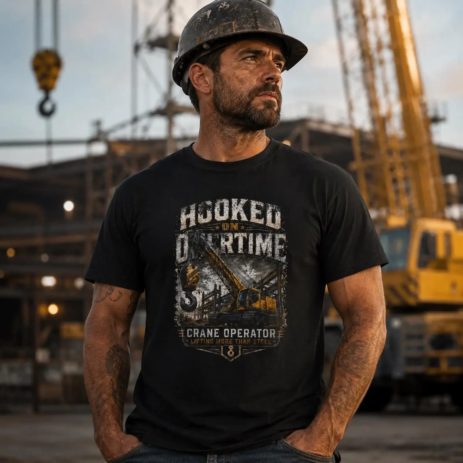 Hooked On Overtime Crane Operator T Shirt Heavy Equipment Construction Worker Blue Collar Tradesman  vintage Washed Soft