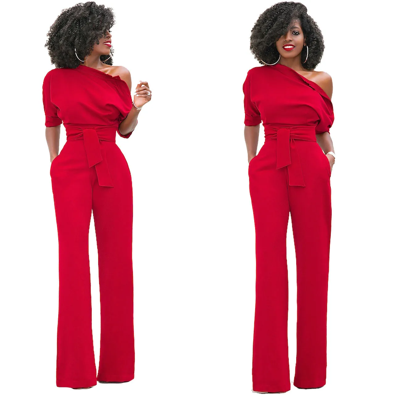 Women's S-2XL Size Hot Selling European And American Classic Solid Color Slanted Collar Button Jumpsuit Wide Leg Pants 2024