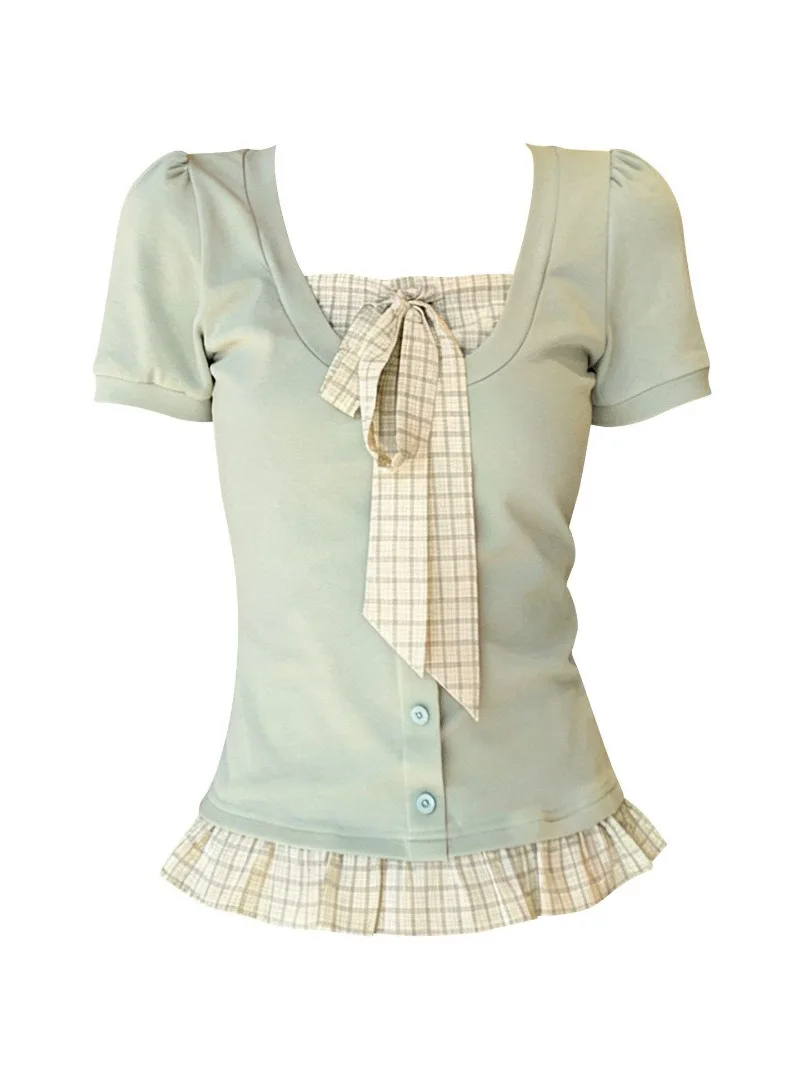 Kimotimo Japanese Kawaii Plaid Fake Two-Piece Top Women Sweet Bow Ruffle Hem Puff Sleeve Slim T-shirt Summer Mori Girl Y2k Tees