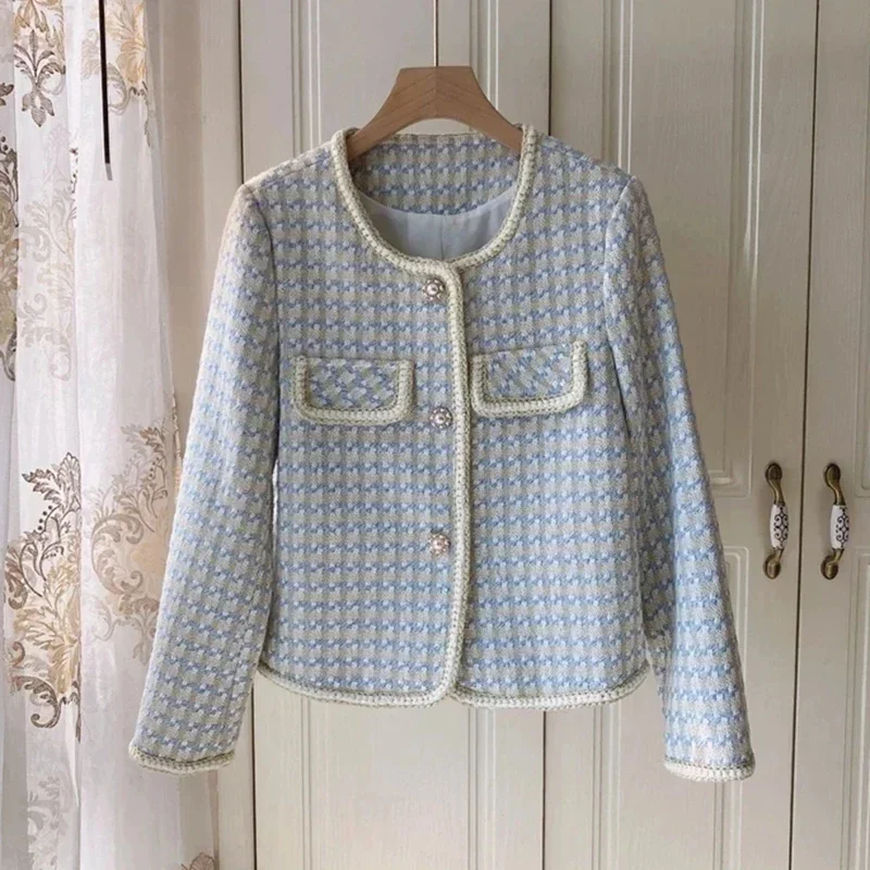 Pop Pop High Quality French Vintage Small Fragrance Tweed Jacket Coat Women's Spring Autumn Casual Fried Street Short Coat Plaid