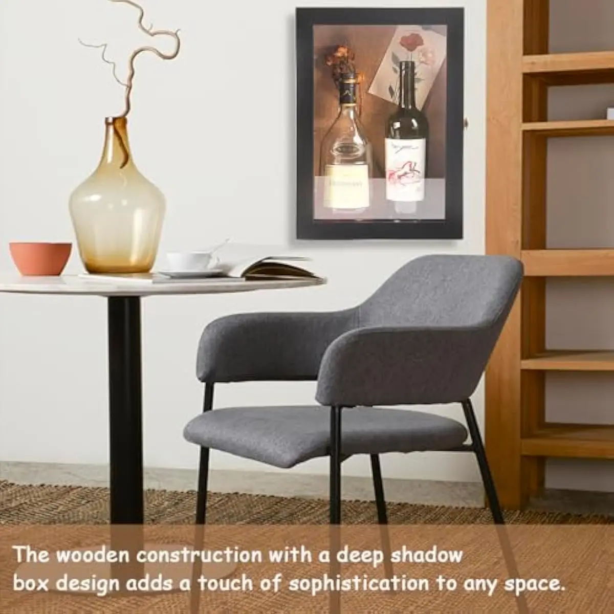 11x16x5 Inch Wall-Mountable Solid Wood Shadow Box with Linen-Lined Interior, Deep Storage for 3 Wine or Spirit Bottles, Rustic B