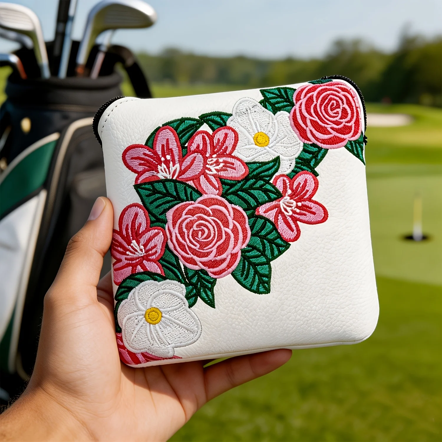 1pc Magnetic PU Golf Putter Cover with Peony Flower Design, Soft Lining & Magnetic Closure Suitable for Most Mallet Putters