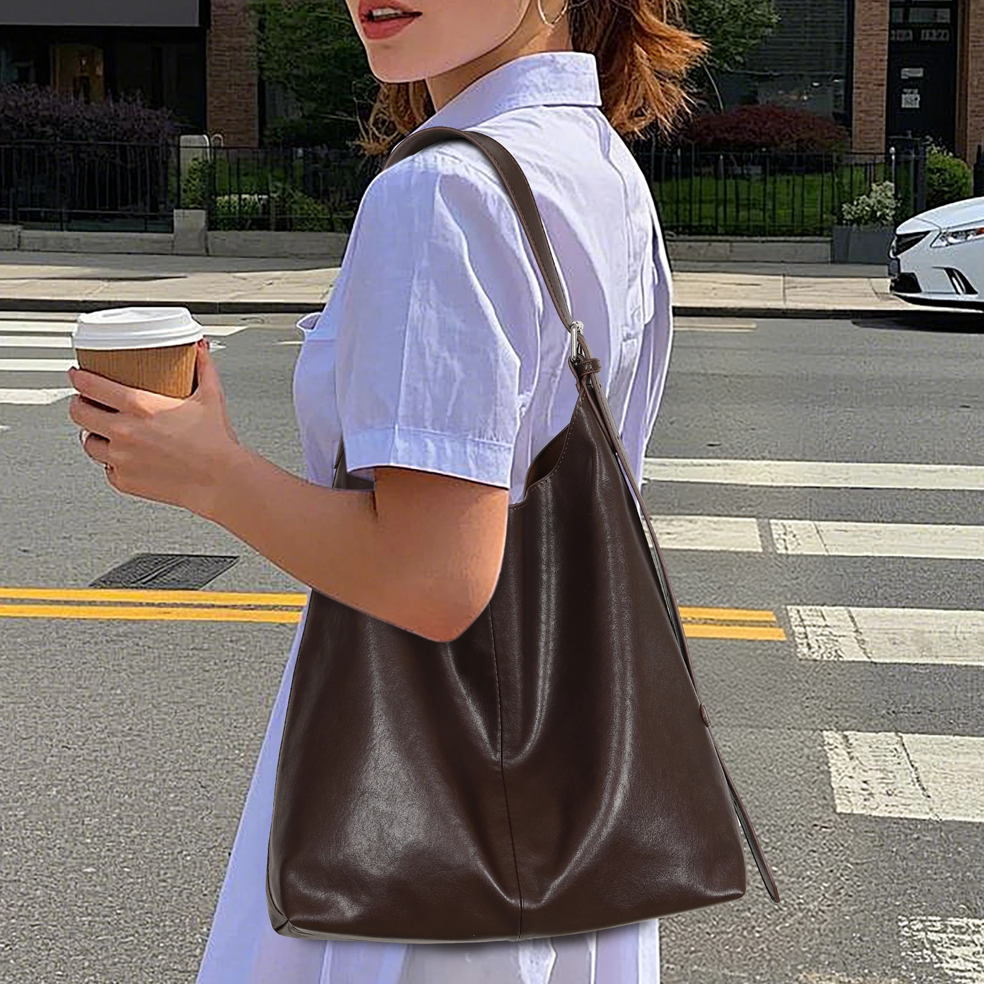 حقائب كتف للنساء محفظة كبيرة لينة مترهل حقيبة يد عادية العمل السيدات مقبض علوي حقيبة 2 قطعة حزام قابل للتعديل #6