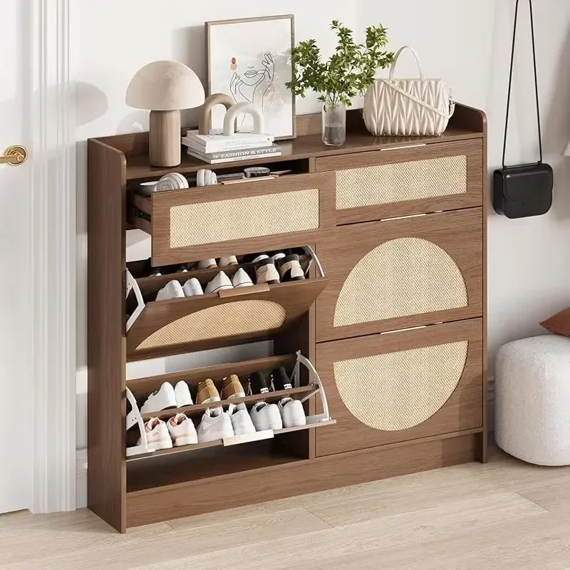 4 Door Rattan Shoe Cabinet with Drawer Entryway Storage Bench Porch Organizer Flip Top Footwear Rack for Hallway