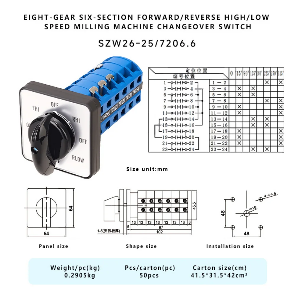 SZW26 25/7206.6 8-Velocity Forward Reverse Changeover Switch for Milling Systems Rated for Short Circuit Making Capacity 254A