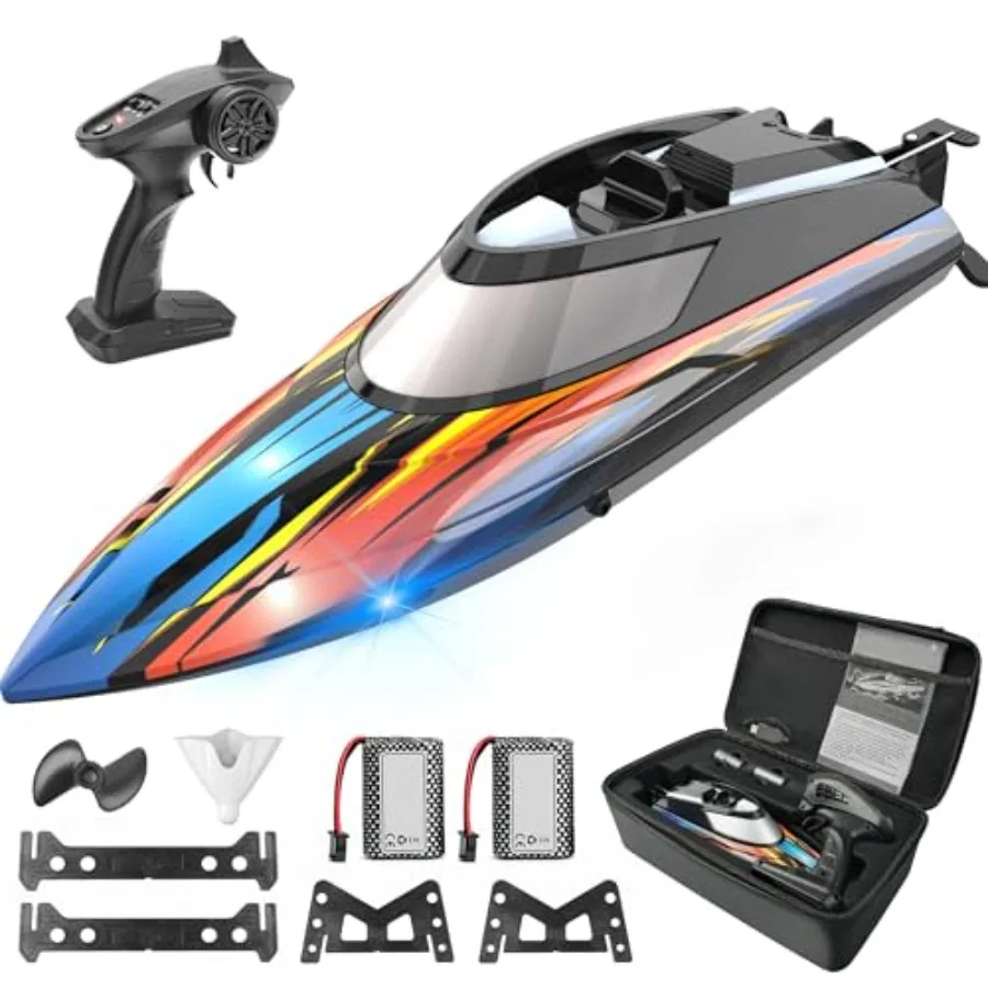 

RC Boat for Pool Lake Ocean Use, ABS Plastic Body, Blue and White, Self-righting Design with 40 Min Dual-Battery Life, 32 KPH S