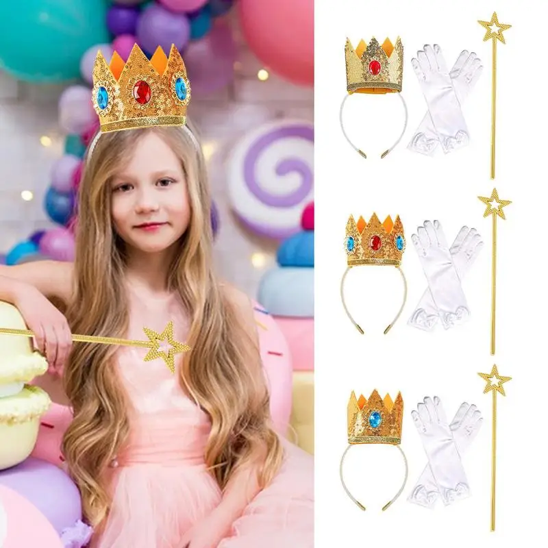 Princesses Peach Accessories Costume Crown Wand Gloves Girls Princess Crown Earrings Gloves Dress Up Peach Party Props for Kids