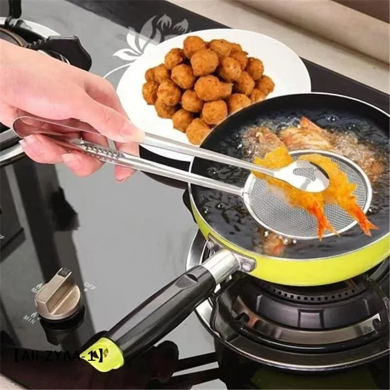 【A】Stainless Steel Oil Frying Clamp Filter Fine Mesh Strainer With Clip Tongs For Oil-frying Food BBQ Kitchen Tools