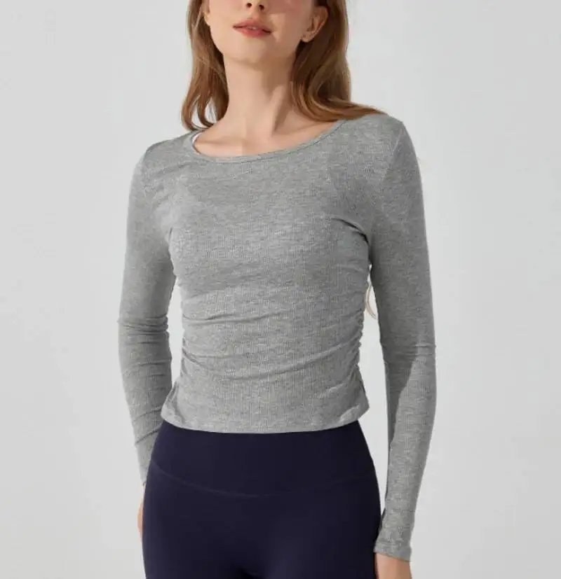 

Long Sleeve Yoga Shirt Women Solid Color Slim Fit Breathable Ribbed Gym Running Top Female Sportswear Workout Clothes