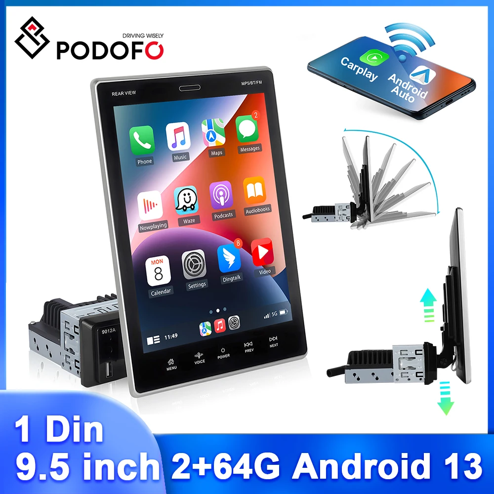 

Podofo 9.5'' Android Car Radio HD 1080P Multimedia Player Wireless Carplay Android Auto 1Din 2+64G WIFI GPS Navigation Audio