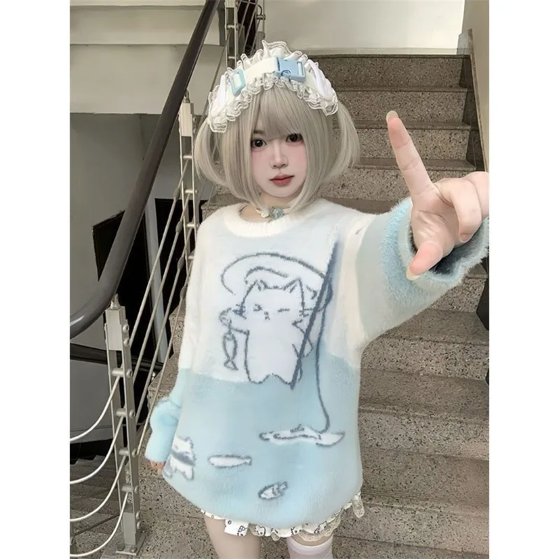 

Deeptown Cartoon Kawaii Y2k Blue Women Sweater Cat Embroidery Japanese Fashion Long Sleeve Knit Pullovers Loose Preppy Winter