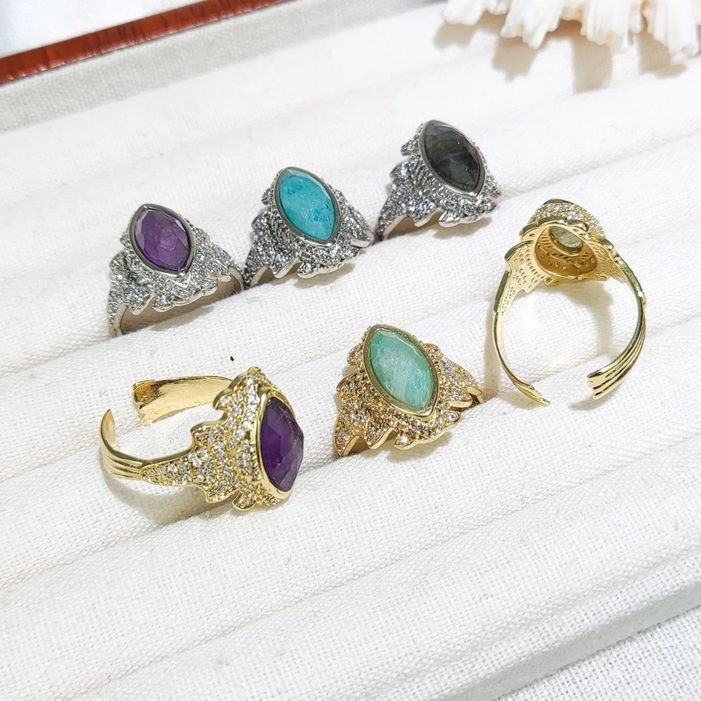 Natuarl Crystal Amethyst Labradorite Adjsutable Open Ring Gold Plated Cubic Zircon Facted Finger Ring Wedding Party Gift