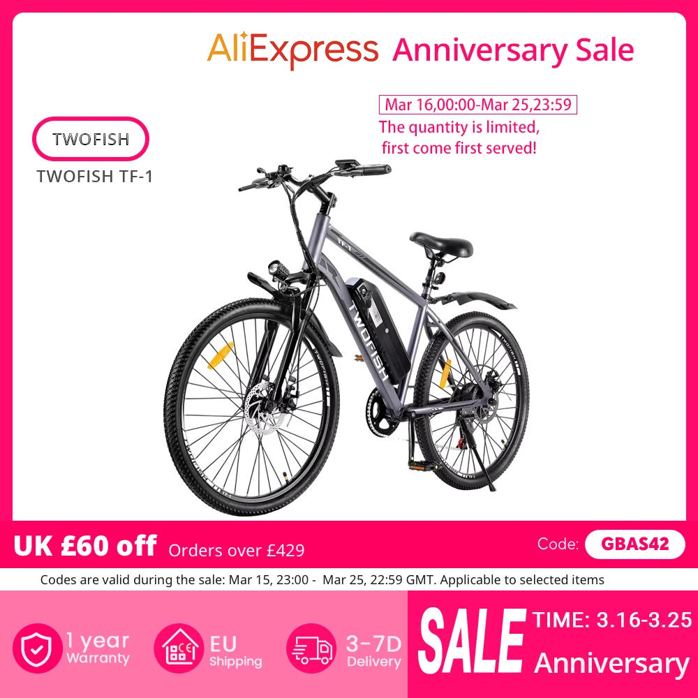 TWOFISH TF-1 Electric Bike, 250W 36V 15Ah Battery, 26" Tires, 25km/h Max Speed, 100km Max Range, Disc Brakes, Front Suspension