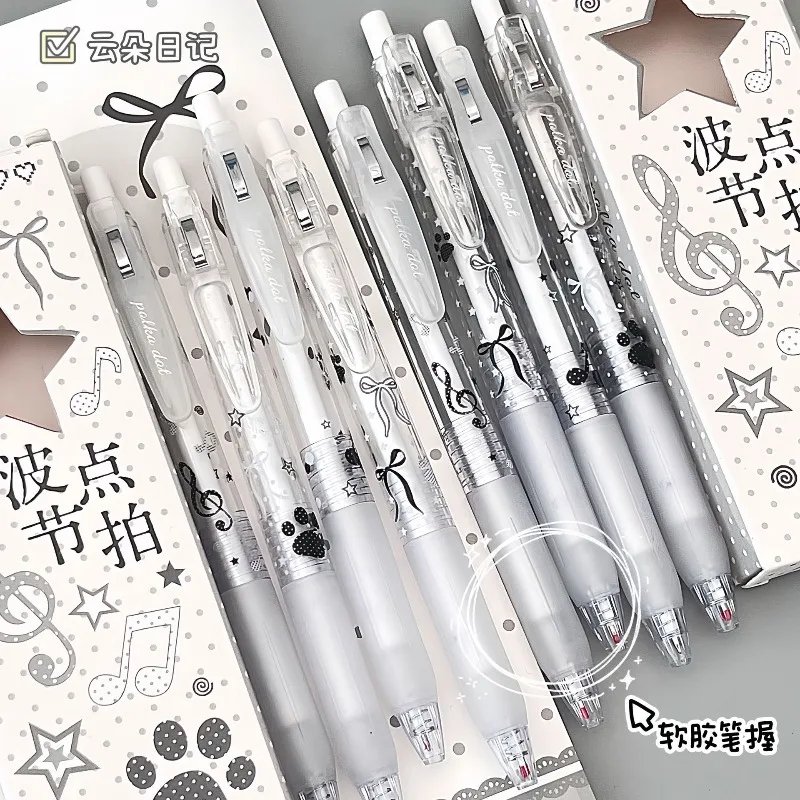 4pcs Polka Dot Beat Press Neutral Pen Music Note Bow Box Brush Question Pen Student 0.5 Black Smooth Signature Pen Gel Pen Set