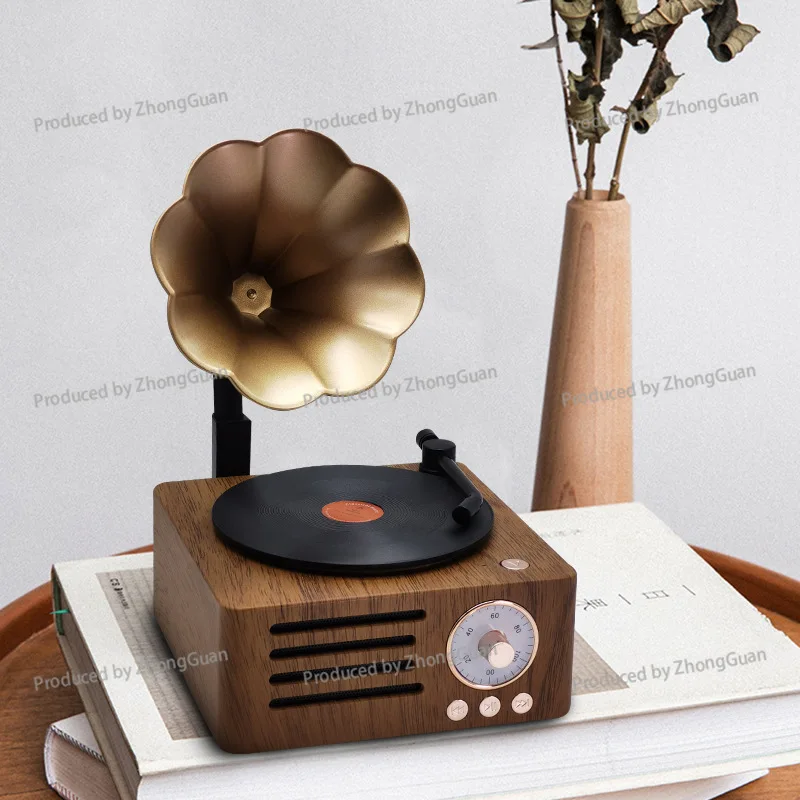 Gramophone Bluetooth Speaker - Wood Grain Mini Speaker with Rotating Record Design - Decorative Gift Audio System