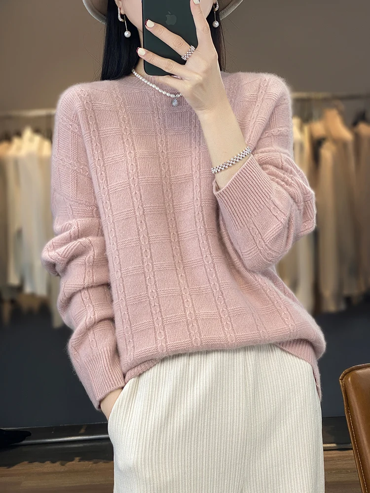 New Autumn Winter Cashmere Women’s O-neck Sweater Pullover Vintage Loose Plaid 100% Merino Wool Knitwear Comfort Popular Clothes