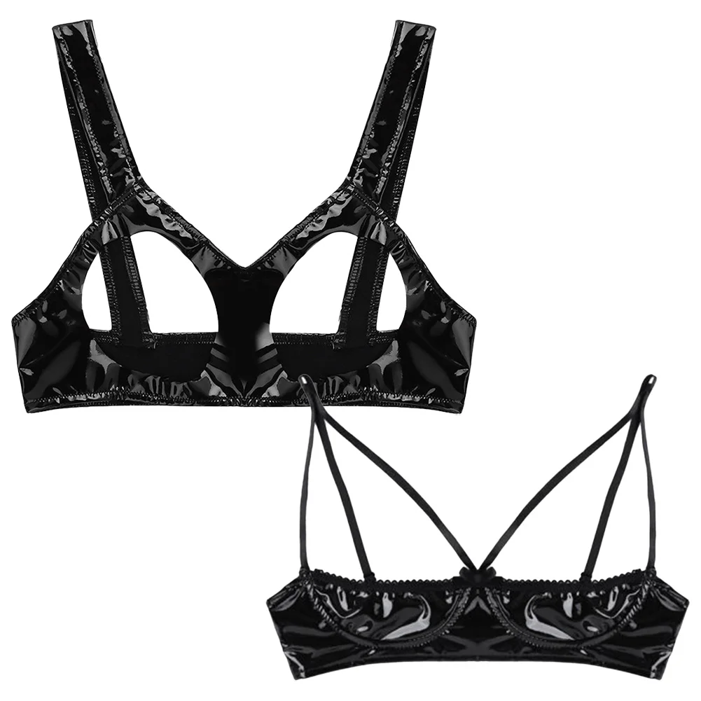 ​Women Open Cup Bralette  Wet Look PU Bra Wire-Free Bustier Clubwear Lingerie Sleeveless Corset Top Night Club Erotic Wear